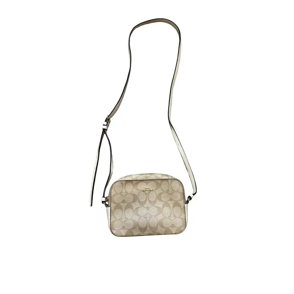 Coach Mini Camera Bag Signature Canvas Khaki Chalk Crossbody